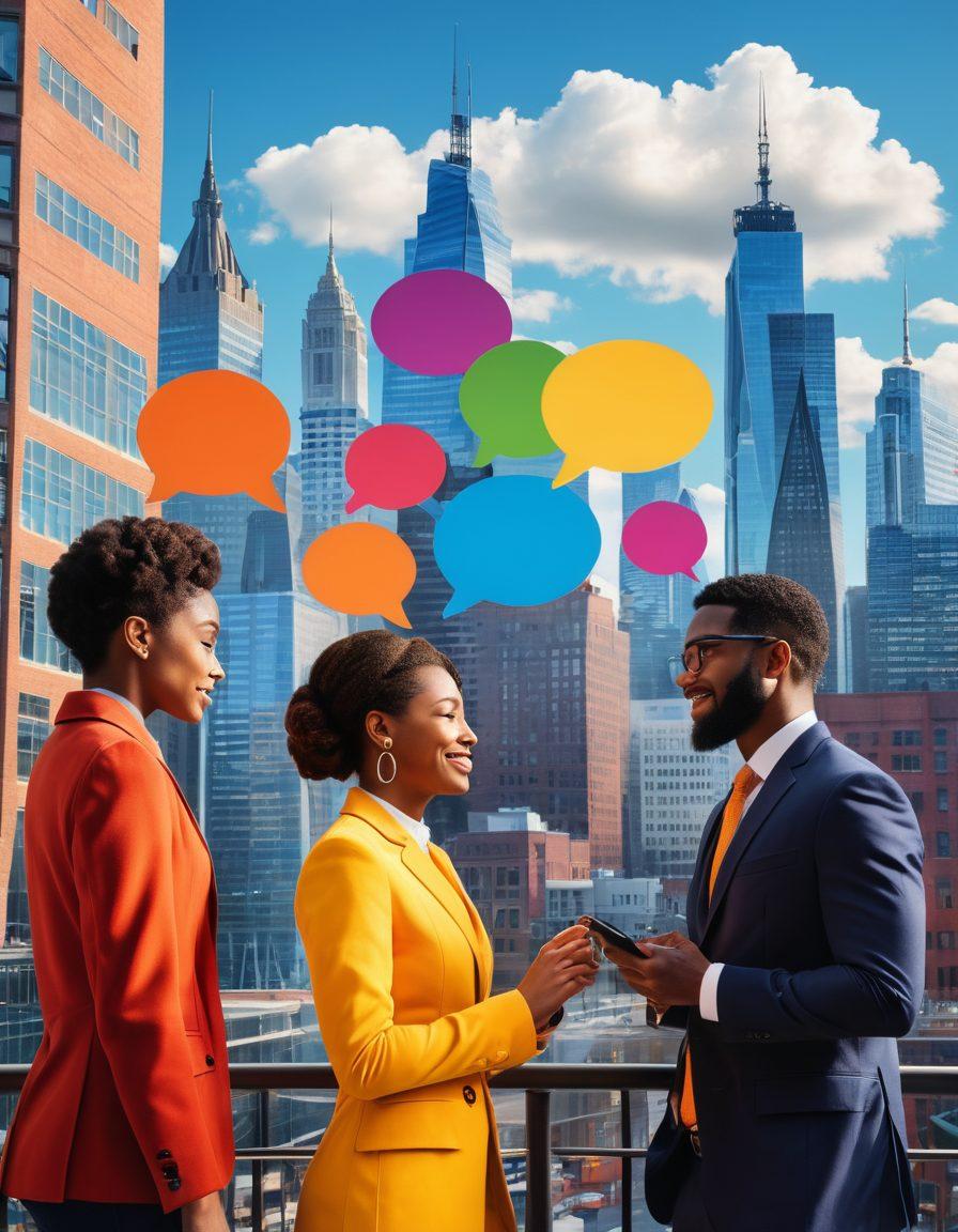 A dynamic scene showcasing diverse individuals engaging in conversation and collaboration, symbolizing connection and facilitation. Include elements like speech bubbles, gears symbolizing teamwork, and a backdrop of a modern cityscape representing the digital age. Emphasize warmth and inclusivity with vibrant colors, highlighting essential skills such as listening and empathy. The atmosphere should be energetic and inspiring. super-realistic. vibrant colors.