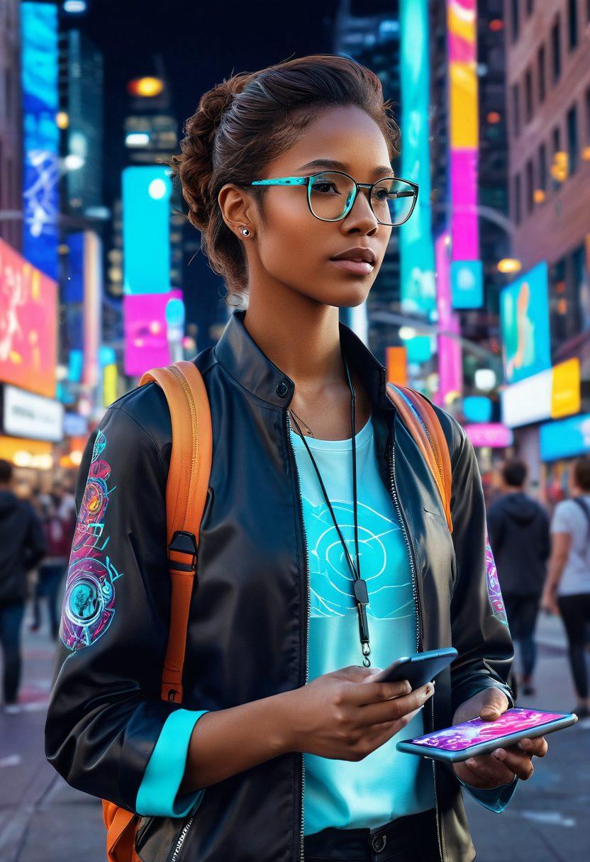 A modern communicator standing in a bustling urban environment, effortlessly engaging with diverse people through various digital devices, while vibrant holographic connections flow between them, symbolizing the sharing of ideas. The scene is filled with dynamic city life, colorful street art, and technology-inspired elements, showcasing the fusion of traditional and digital communication. bright colors. super-realistic.